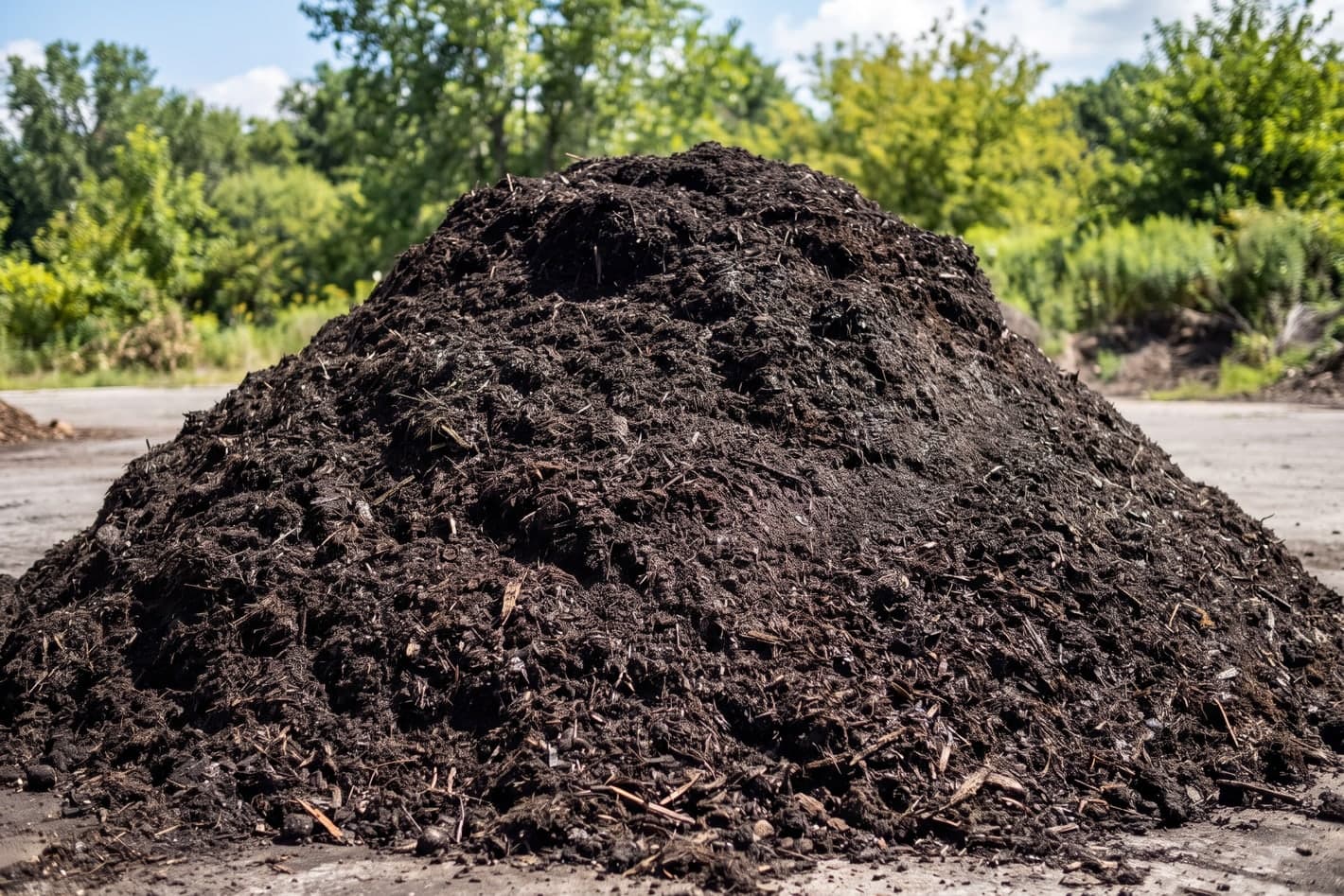 Montón de compost terminado en un patio de acopio, con vegetación al fondo